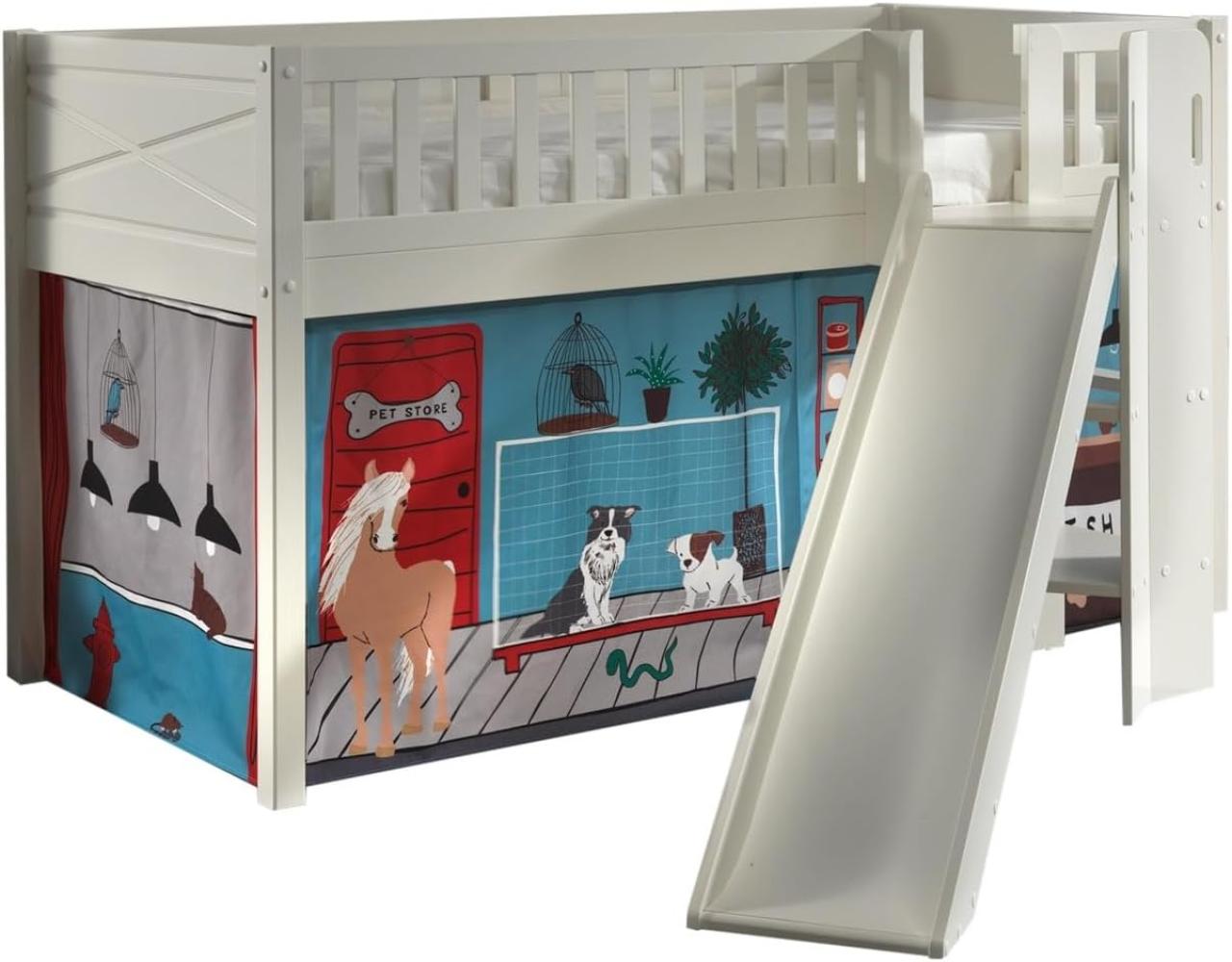Vipack 'SCOTT' Spielbett mit Rolllattenrost, Rutsche, Leiter und Textilset "Pet Shop", weiß lackiert, 90 x 200 cm Bild 1
