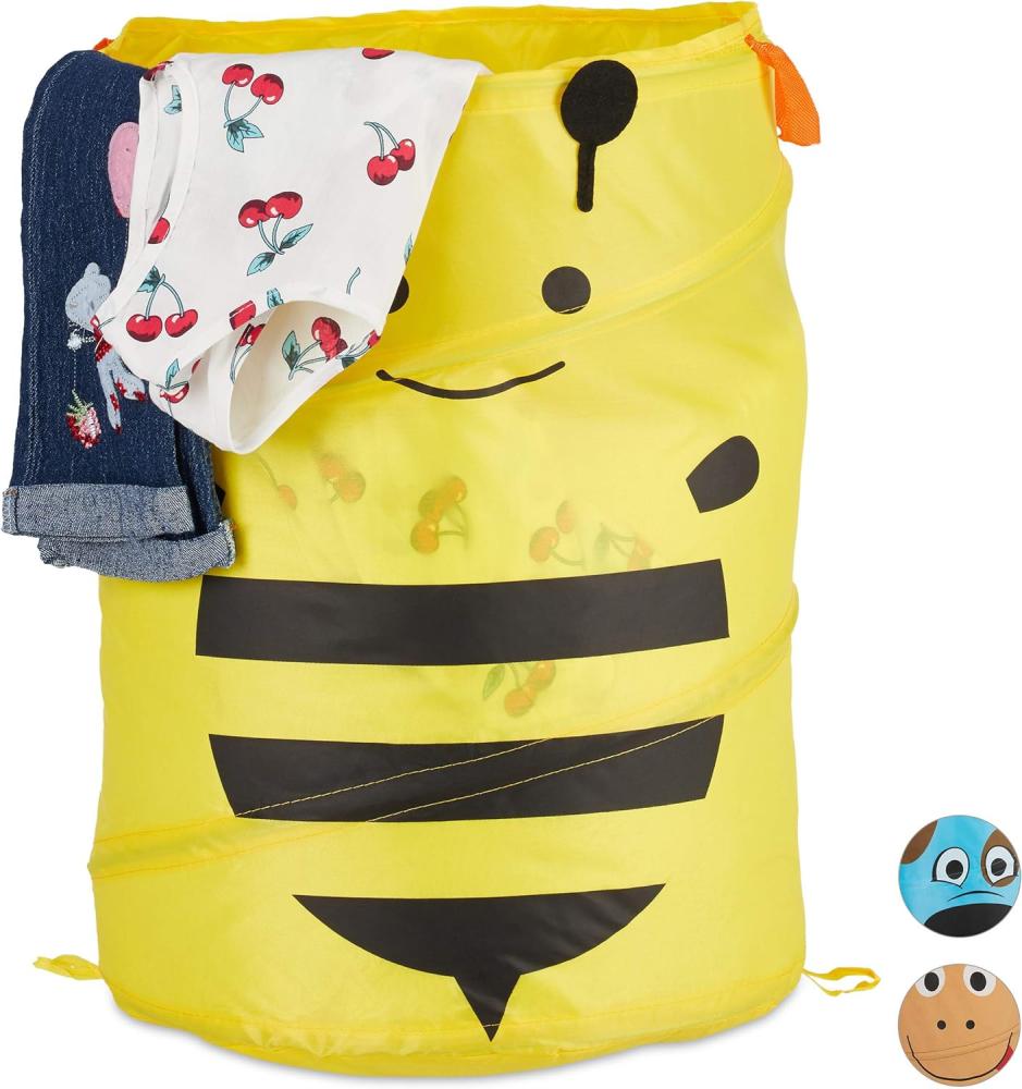 Relaxdays Pop-Up Wäschekorb für Kinder, Tiermotiv Biene, Faltbar, 39 l Stauraum, Aufbewahrungskorb HxD: 43 x 34 cm, gelb Bild 1