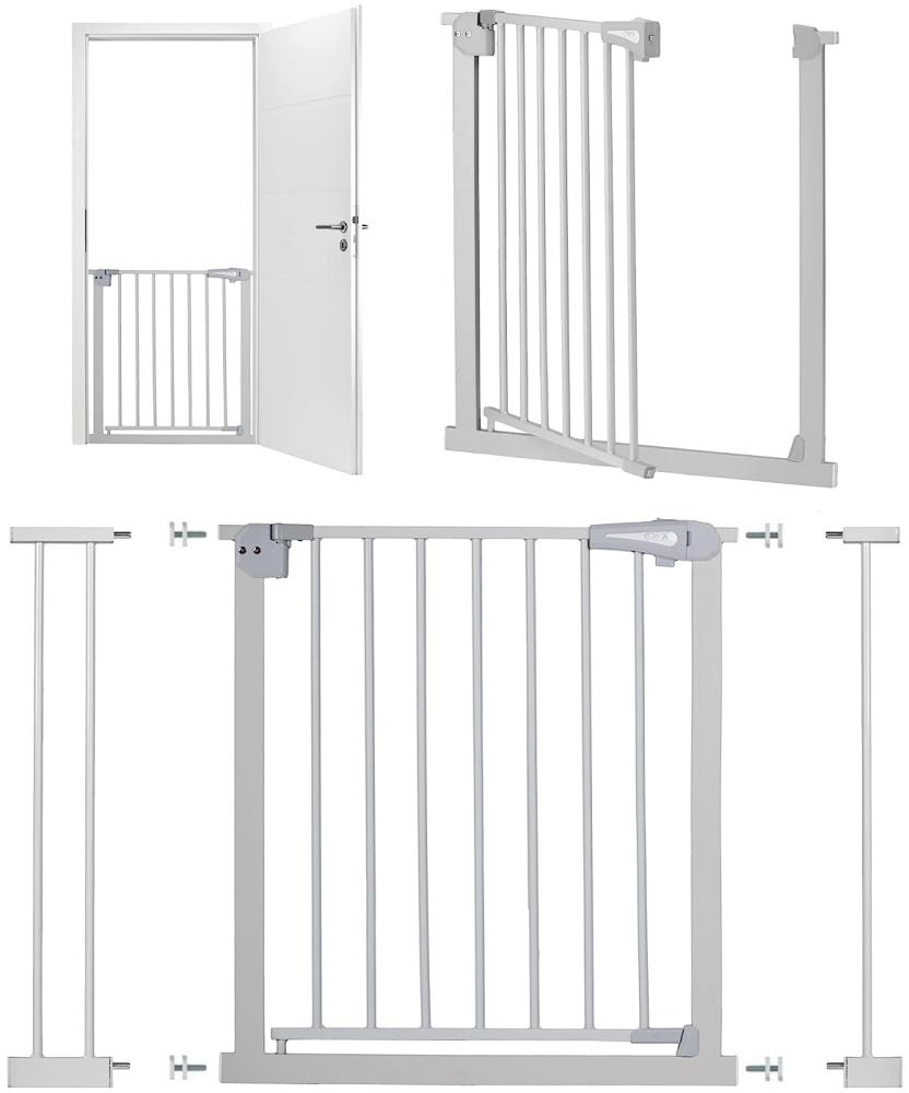MoMi Baby-Absperrgitter PAXI, Tür- und Treppenschutzgitter 73 - 82 cm erweiterbar bis 103 cm, inkl. 2X Verlängerungsstücken 7 und 14 cm, ohne Bohren, Grau Bild 1