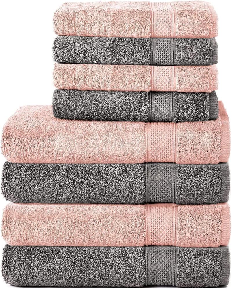 Komfortec 8er Handtuch Set aus 100% Baumwolle, 4 Badetücher 70x140 und 4 Handtücher 50x100 cm, Frottee, Weich, Towel, Groß, Anthrazit Grau/Blütenrosa Bild 1