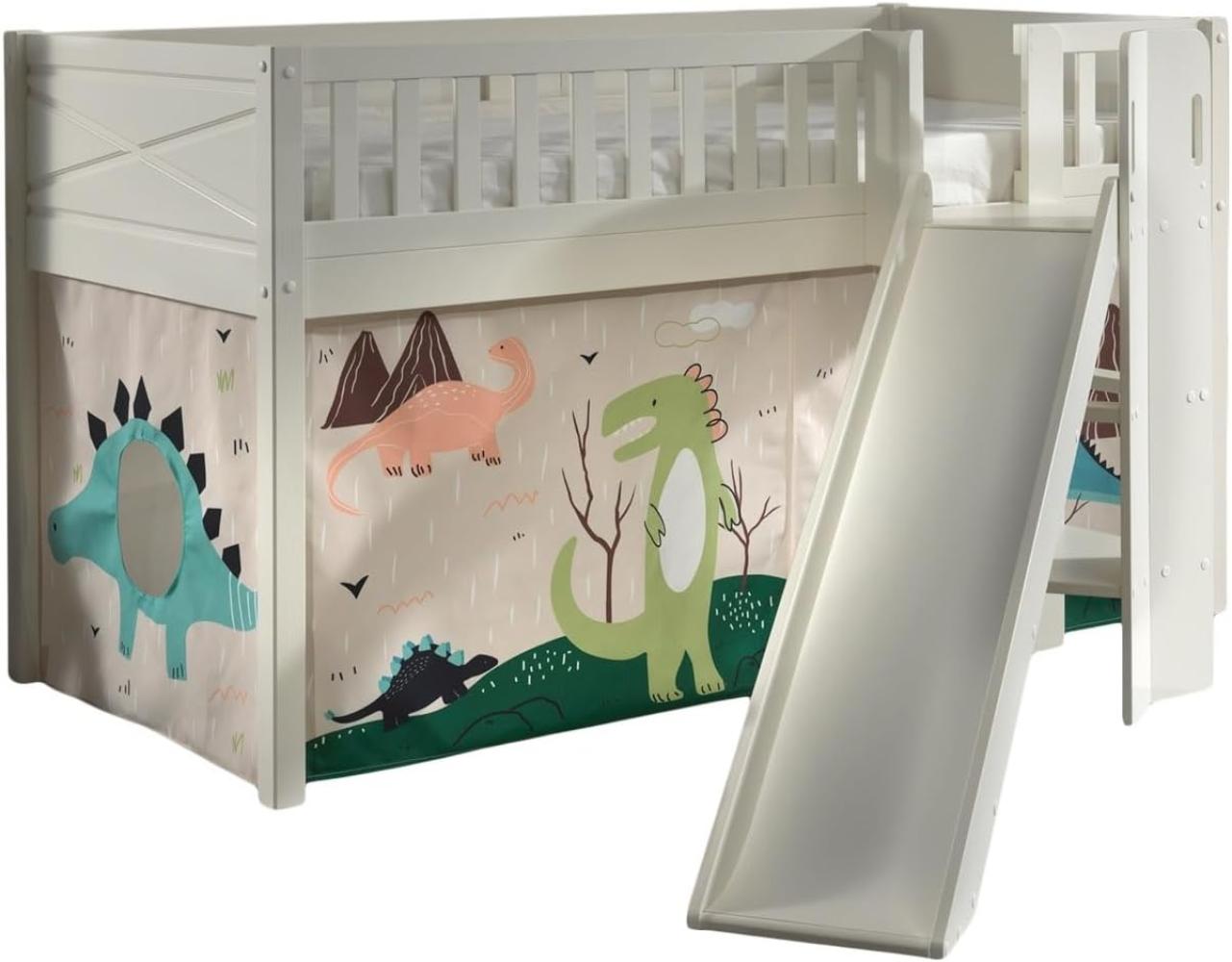 'Scott' Spielbett mit Rolllattenrost, Rutsche, Leiter und Textilset 'Dino', weiß lackiert, 90 x 200 cm Bild 1