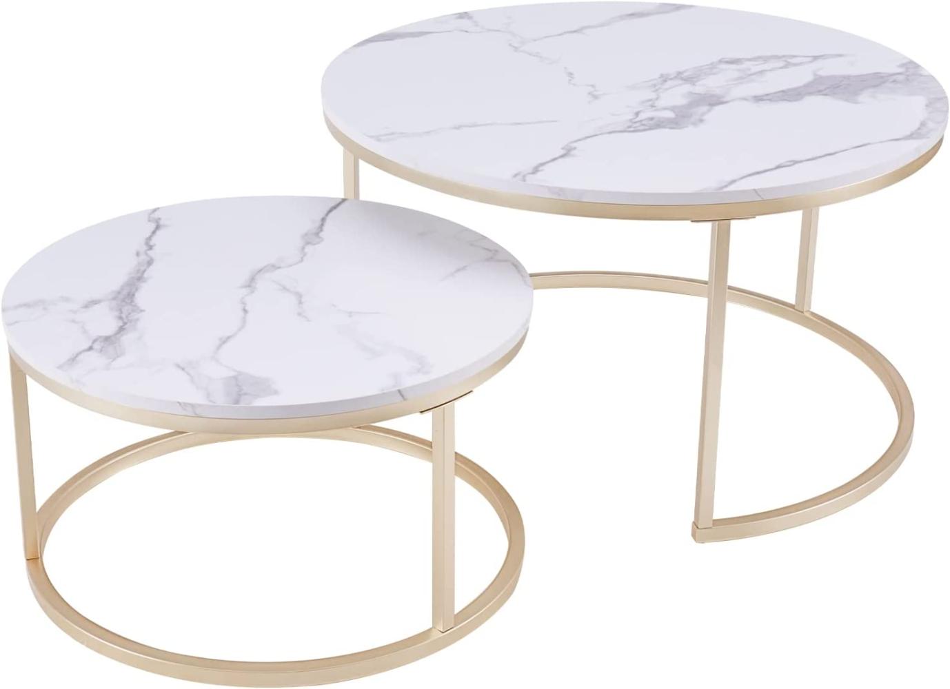 Huuryoudo Couch Tisch, Couchtisch 2er Set Rund Tisch Wohnzimmer Rund mit Metallgestell Beistelltisch Weiss Modern Satztische fürs Wohnzimmer, Weiß Gold Marmor Optik Bild 1