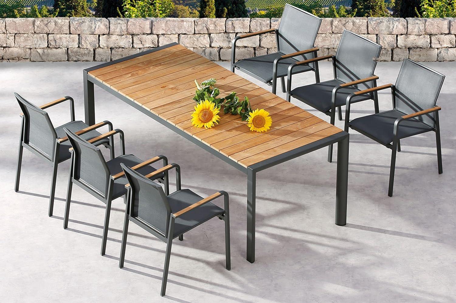 Best Freizeitmöbel Sitzgruppe Paros 7-teilig Tisch + 6 Stapelsessel 210 x 90 cm anthrazit/Teak Bild 1