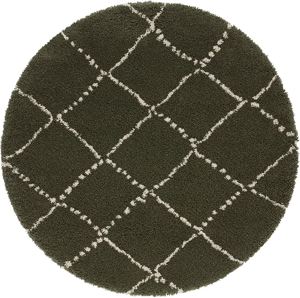 Hochflor Teppich Hash Olivgrün Creme - 160 cm Durchmesser Bild 1
