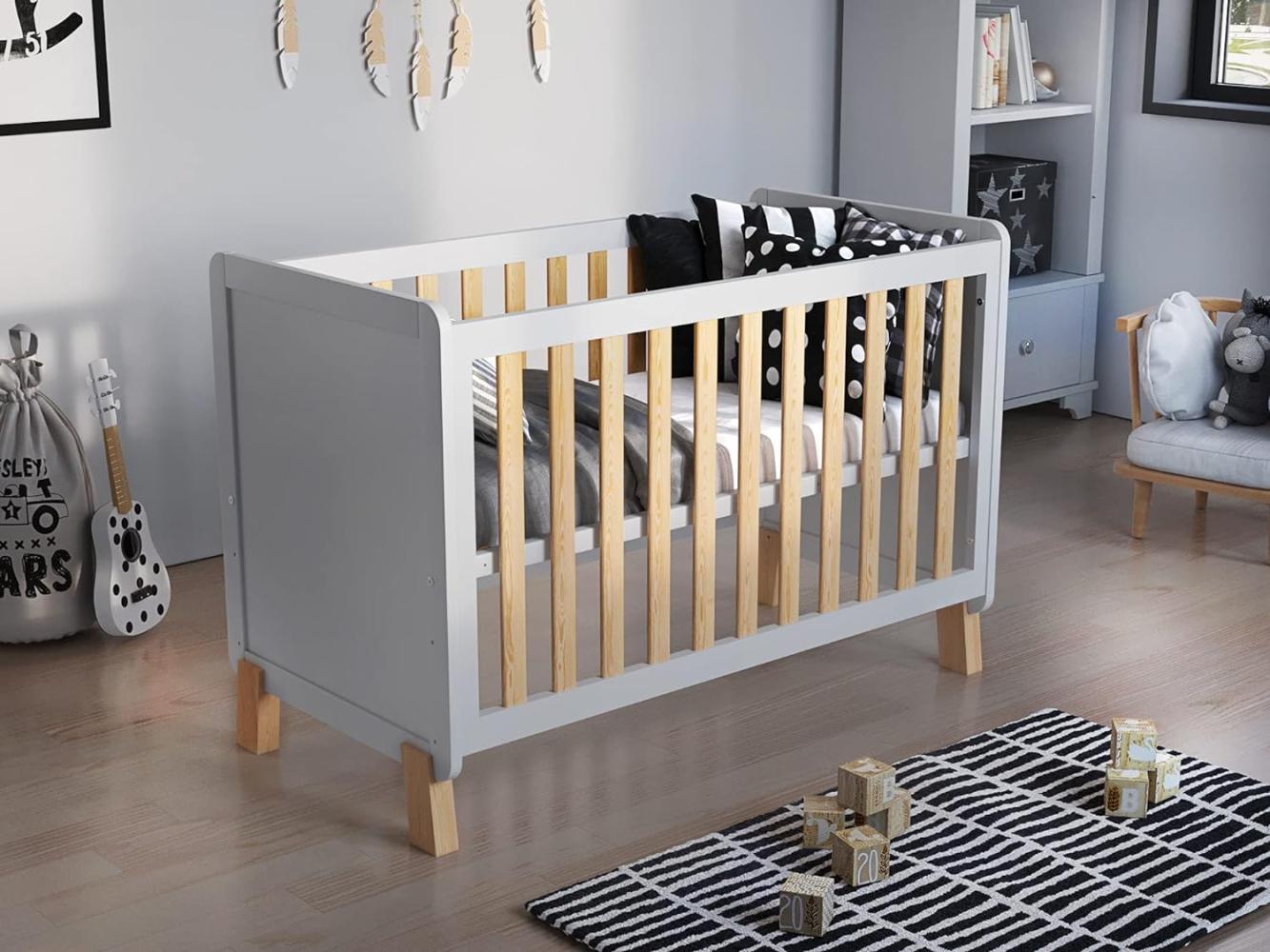 Love For Sleep Babybett (Weiß-Kiefer) Gitterbett 120 x 60 cm + Schaumstoffmatratze + Hölzerne Sicherheitsbarriere Bild 1