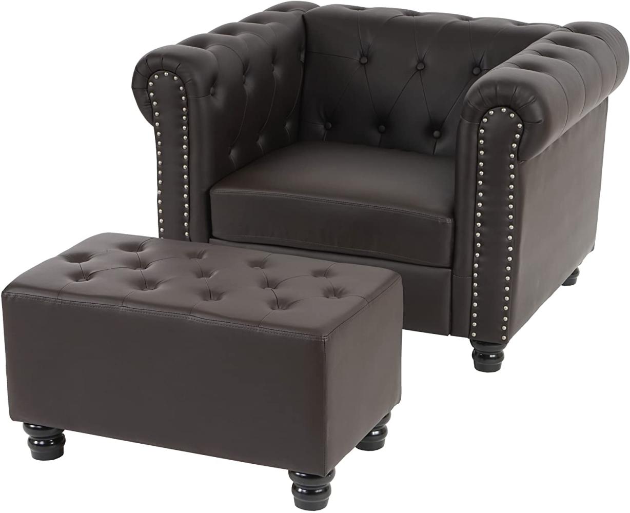 Luxus Sessel Loungesessel Relaxsessel Chesterfield Kunstleder ~ runde Füße, braun mit Ottomane Bild 1