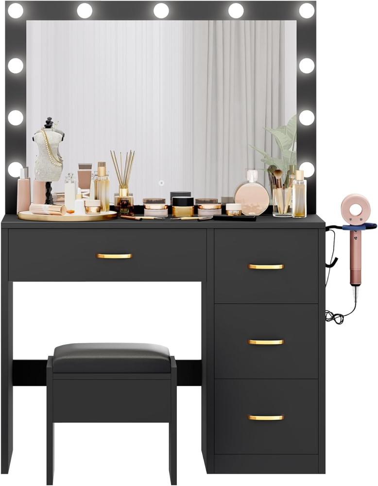 YITAHOME Schminktisch mit Spiegel, Kosmetiktisch mit 4 Schubladen, Frisiertisch mit Hocker, Beleuchtung, Steckdose, Schwarz (Make Up Tisch, Frisiertisch, Kosmetiktisch, Vanity Table) Bild 1