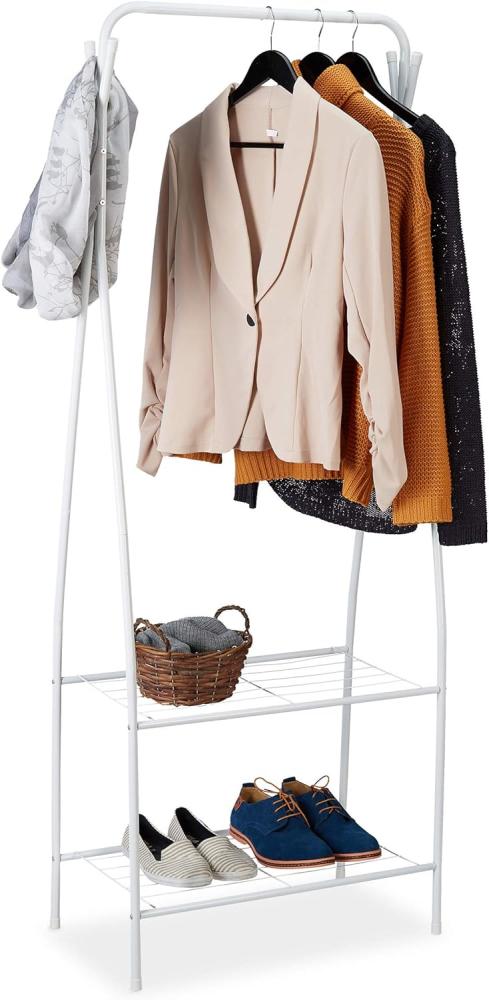 Relaxdays Kleiderständer Metall, 2 Ablagen & 4 Haken, Kleiderstange, Flur & Ankleidezimmer, HBT 158 x 60 x 33 cm, weiß Bild 1