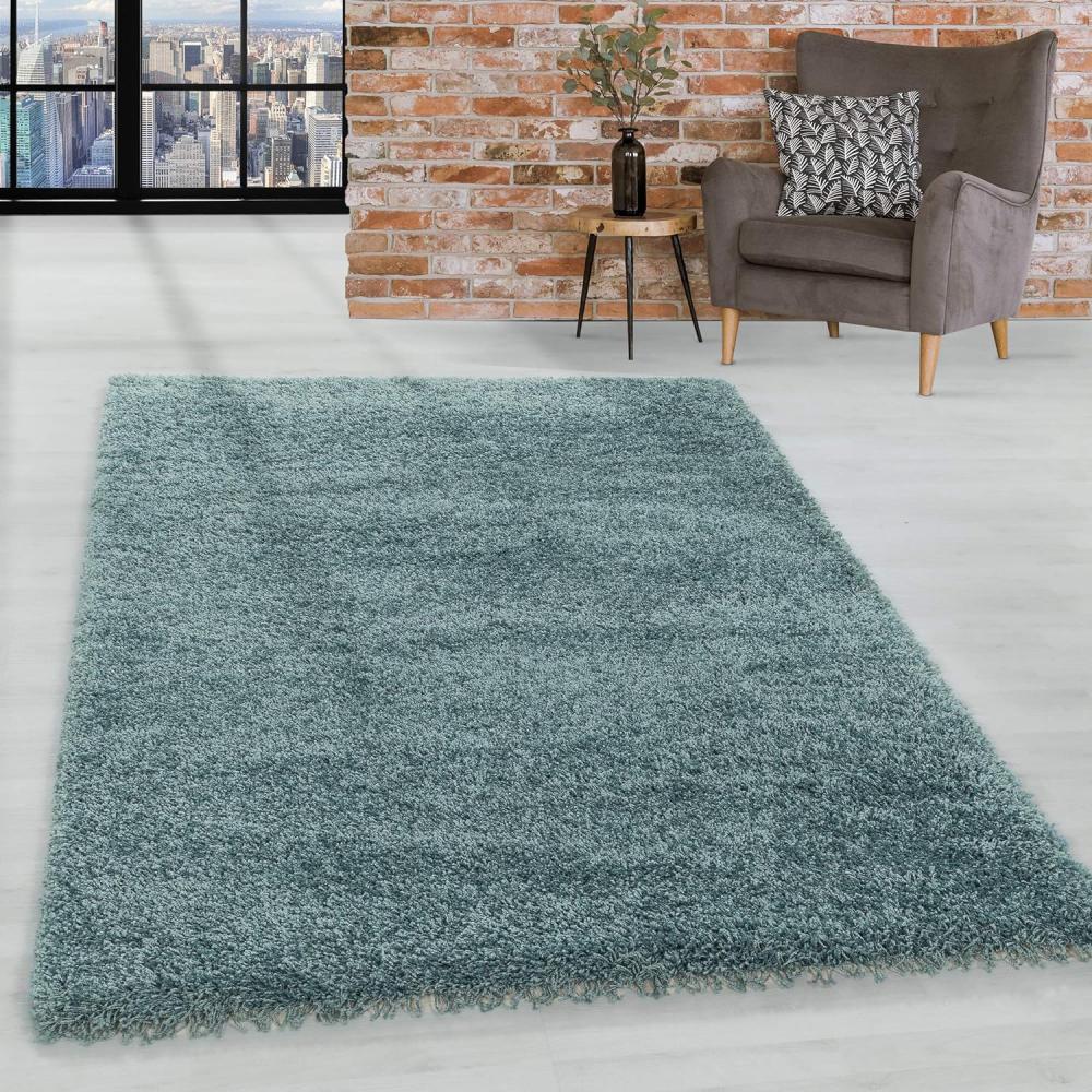 HomebyHome Hochflor Wohnzimmer Teppich 120x170 cm Einfarbig Blau Teppich Langflor Shaggy Modern Teppich für Schlafzimmer, Pflegeleicht Flauschig Weich Rechteckig Kleiner Teppich Bild 1