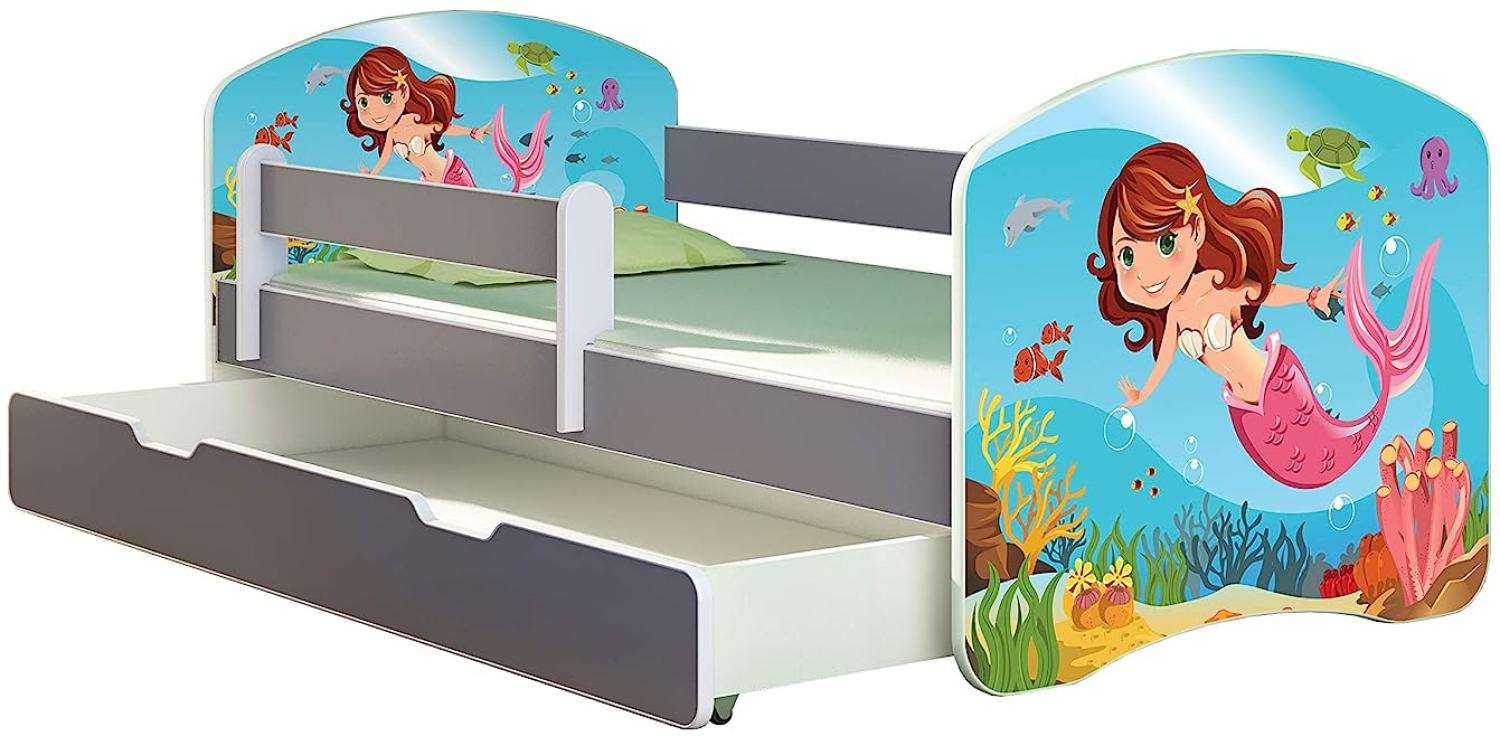 ACMA Kinderbett Jugendbett mit Einer Schublade und Matratze Grau mit Rausfallschutz Lattenrost II (09 Meerjungfrau, 160x80 + Bettkasten) Bild 1