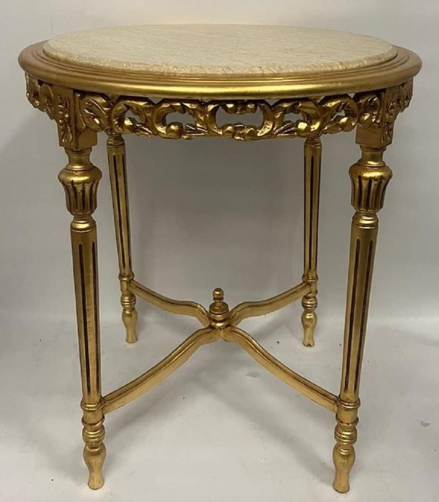Casa Padrino Barock Beistelltisch Gold / Beige - 60 x H 70 cm Runder Antik Stil Massivholz Tisch mit Marmorplatte - Wohnzimmer Möbel im Barockstil - Antik Stil Möbel - Barock Möbel Bild 1