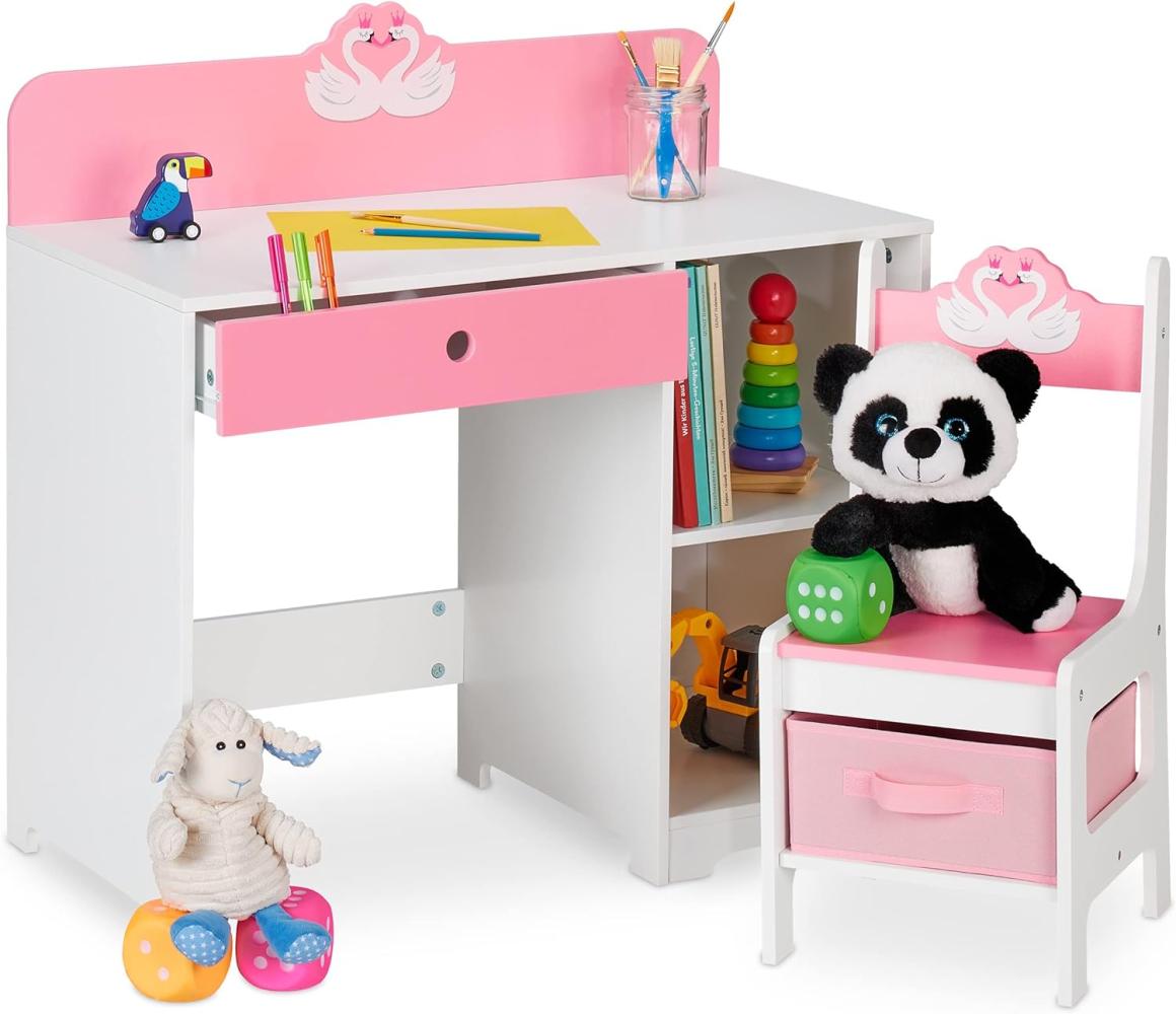 Relaxdays Schreibtisch und Stuhl für Kinder, Schublade & 2 offene Fächer, Schwan-Motiv, Kinderzimmermöbel, rosa/weiß Bild 1