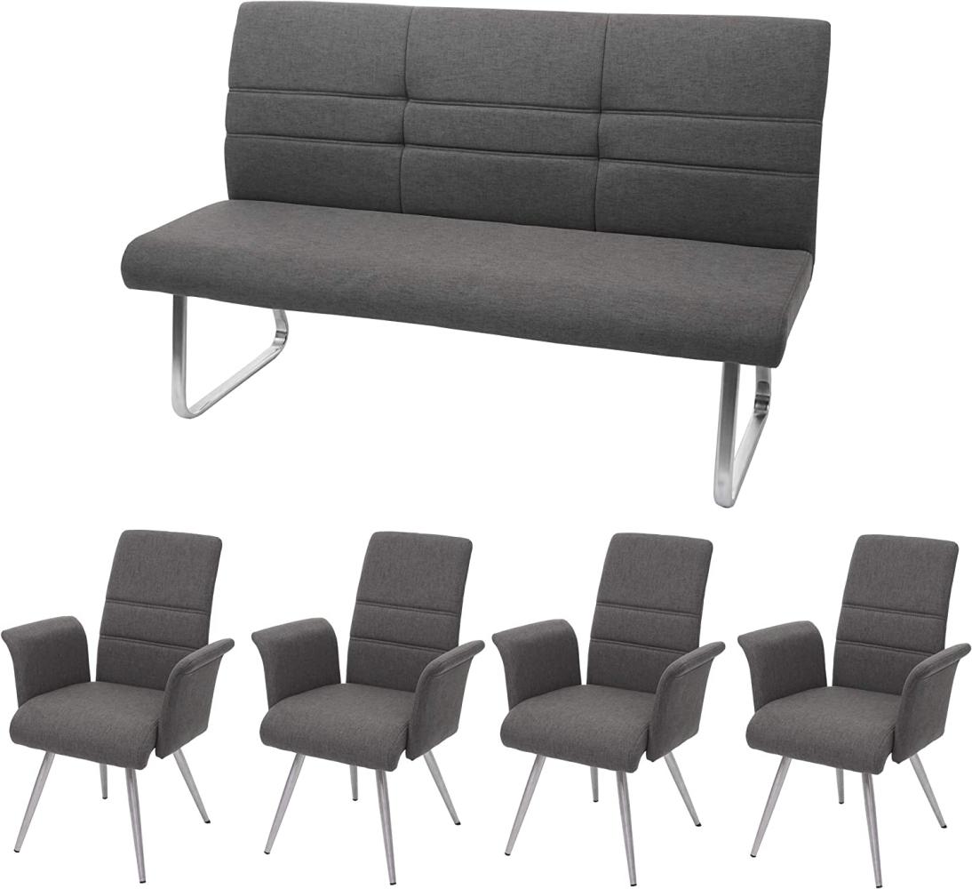 Set 4x Esszimmerstuhl+Sitzbank HWC-G55, Bank Küchenstuhl Stuhl+Armlehne, Stoff/Textil Edelstahl ~ grau-braun Bank 160cm Bild 1