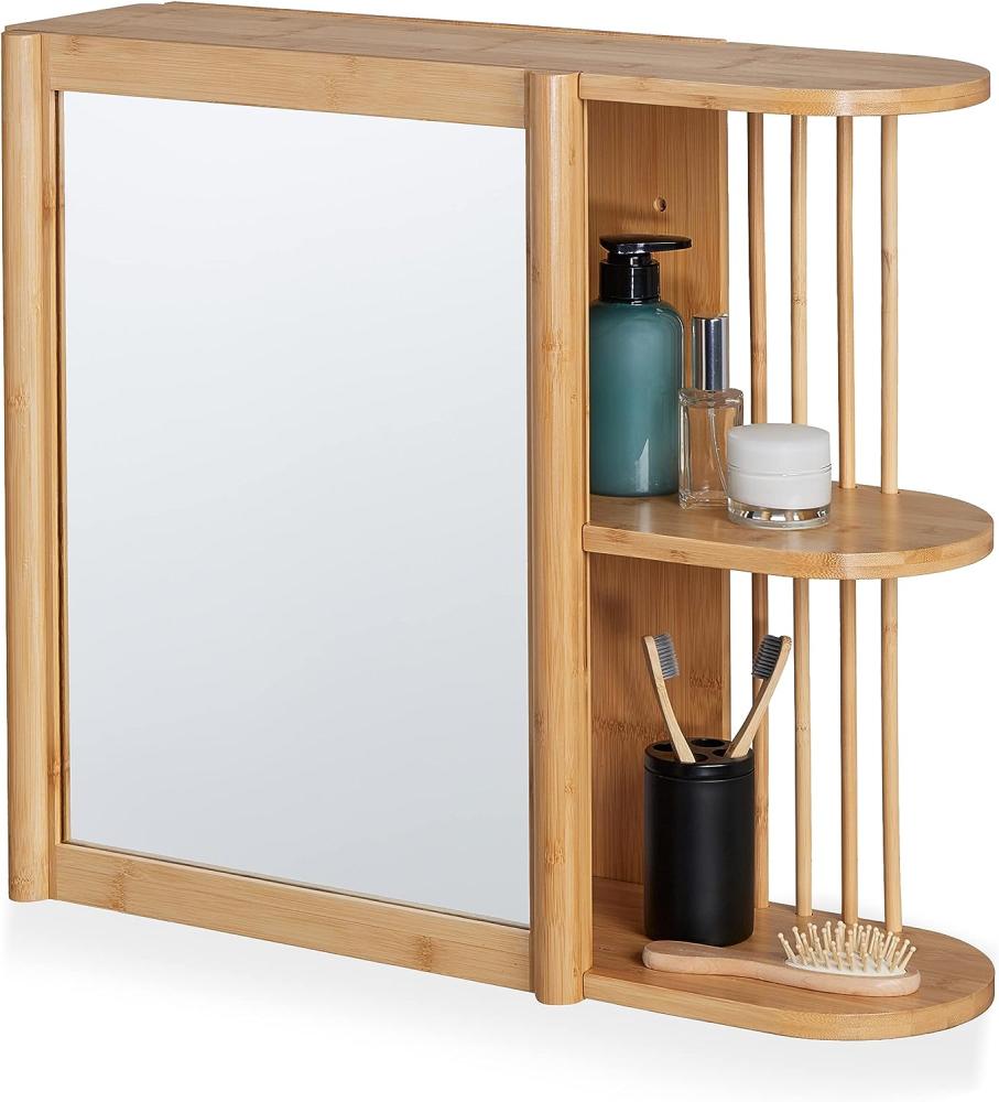 Relaxdays Wandregal mit Spiegel, Bambus, 2 halboffene Ablagen, 53x62x20 cm, Badezimmer, hängend, Spiegelschrank, Natur Bild 1