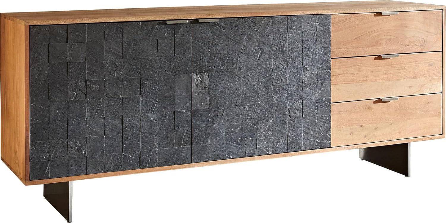 Sideboard Teele 175 cm Akazie Natur Schiefer 2 Türen 3 Schubfächer Fuß schwebend Edelstahl Bild 1