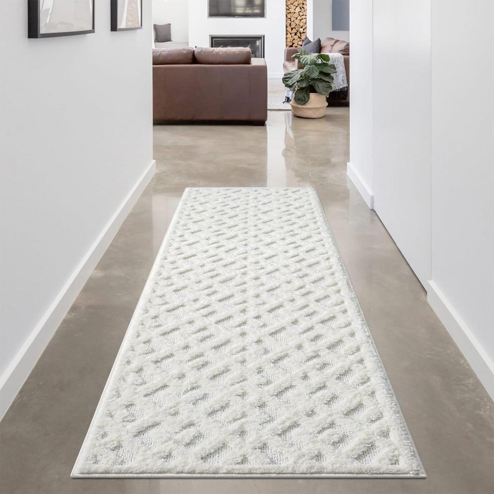 carpet city Teppich Läufer Hochflor Flur - 80x300 cm - Einfarbig Weiß/Creme - Geometrisches Hochtief-Muster/ 3D-Effekt - Shaggy Teppiche Wohnzimmer, Schlafzimmer Boho, Scandi Bild 1