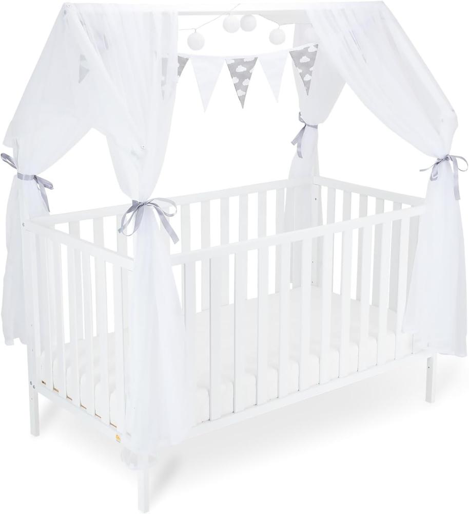 FabiMax Kinderbett Hausbett Schlafmütze, 70x140 cm, aus Kiefernholz weiß lackiert, mit grau/weißer Deko Bild 1