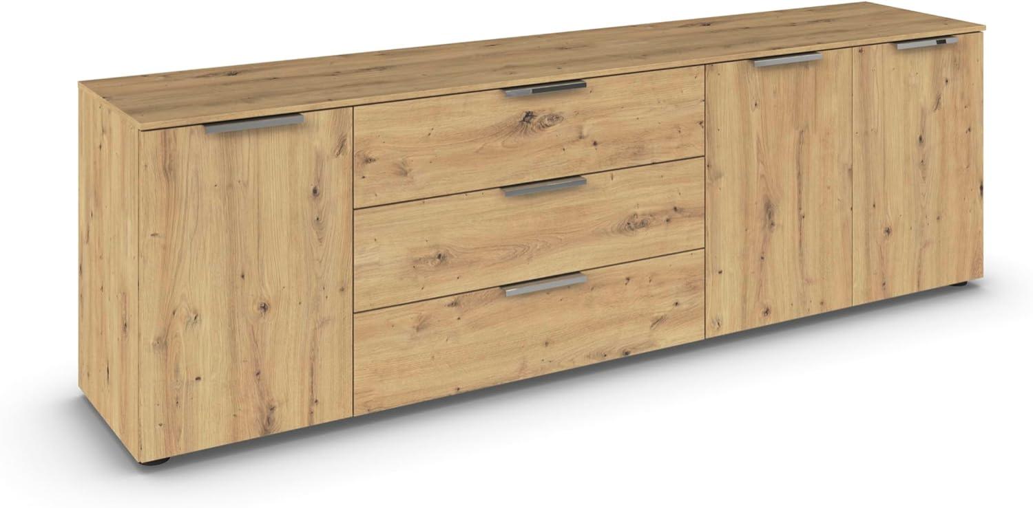 Rauch Möbel Flipp, Sideboard, TV-Schrank, Kommode mit Stauraum, Eiche Artisan, 3-türig, 3 Schubkästen, Griffe chrom, 199x61x42cm Bild 1