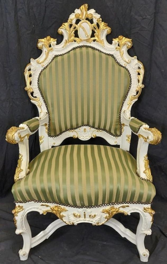 Casa Padrino Barock Thron Sessel mit Streifen Grün / Weiß / Gold - Handgefertigter Massivholz Sessel im Barockstil - Antik Stil Sessel - Antik Stil Möbel - Barock Möbel - Edel & Prunkvoll Bild 1