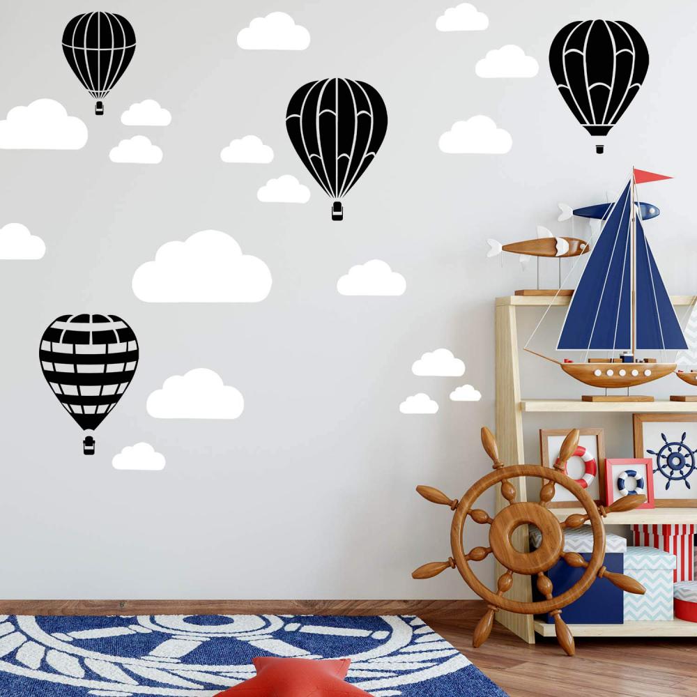 Heißluftballon & Wolken Aufkleber Wandtattoo Himmel | Wandbild 6x DIN A4 Bögen | Sticker Kinder Kinderzimmer Deko Ballons (Schwarz) Bild 1