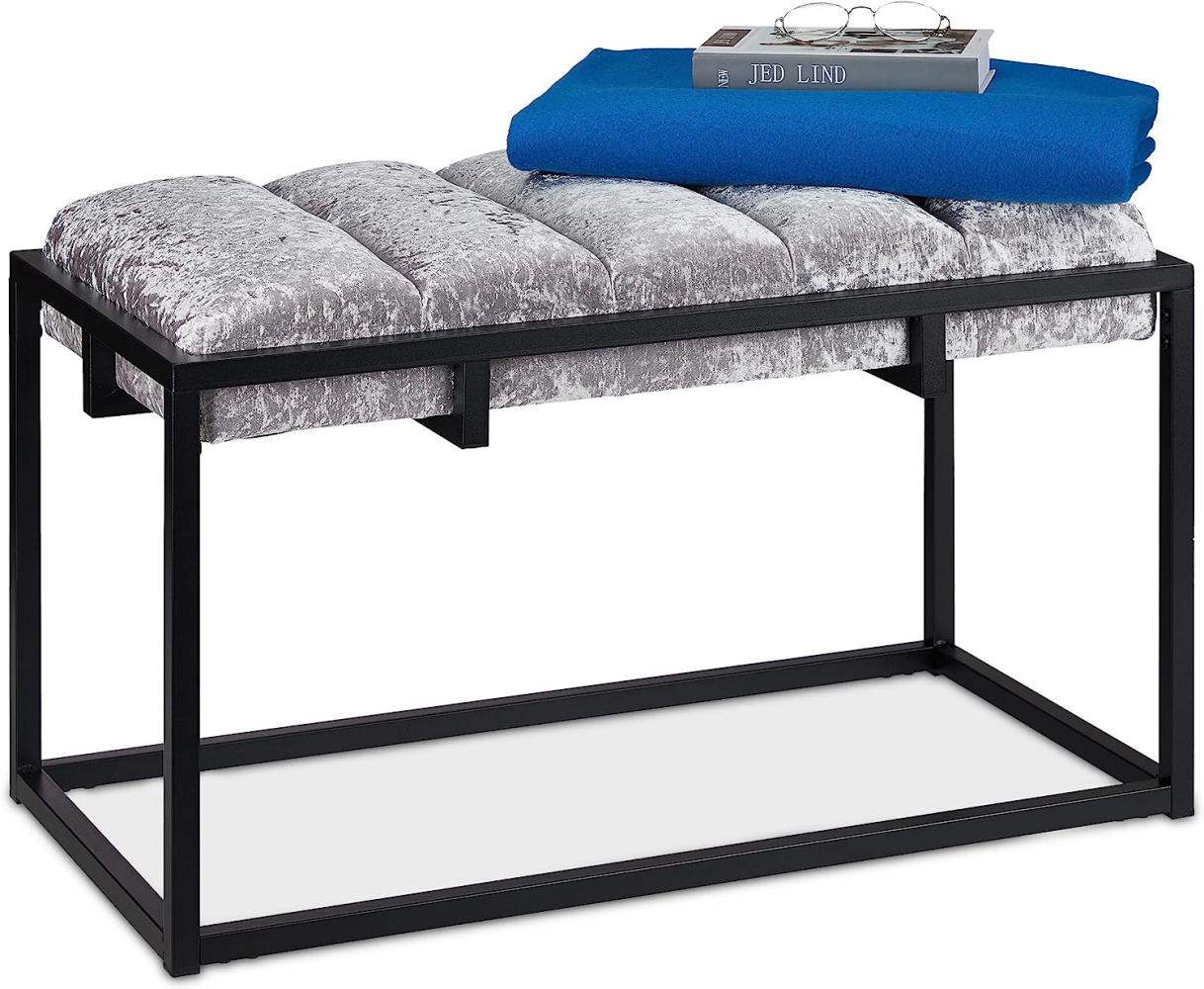 Relaxdays Sitzbank, gepolsterte Flurbank mit Samtbezug, HxBxT: 47 x 80 x 40 cm, Metall, Elegante Bettbank, grau schwarz 10038529 Bild 1