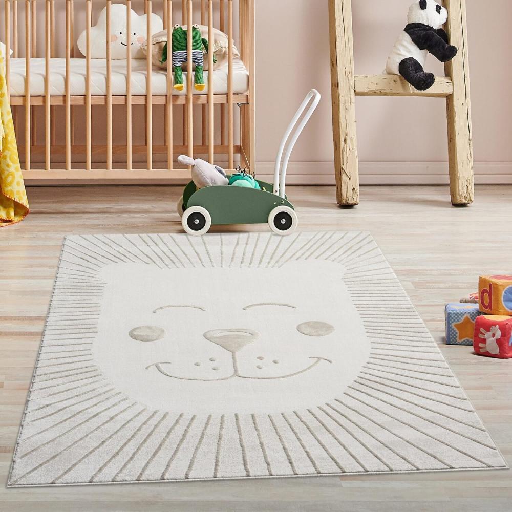 Kinderteppich Creme, Beige - 120x160 cm - Tier-Motiv Löwe - Kurzflor Teppiche Kinderzimmer, Spielzimmer Bild 1