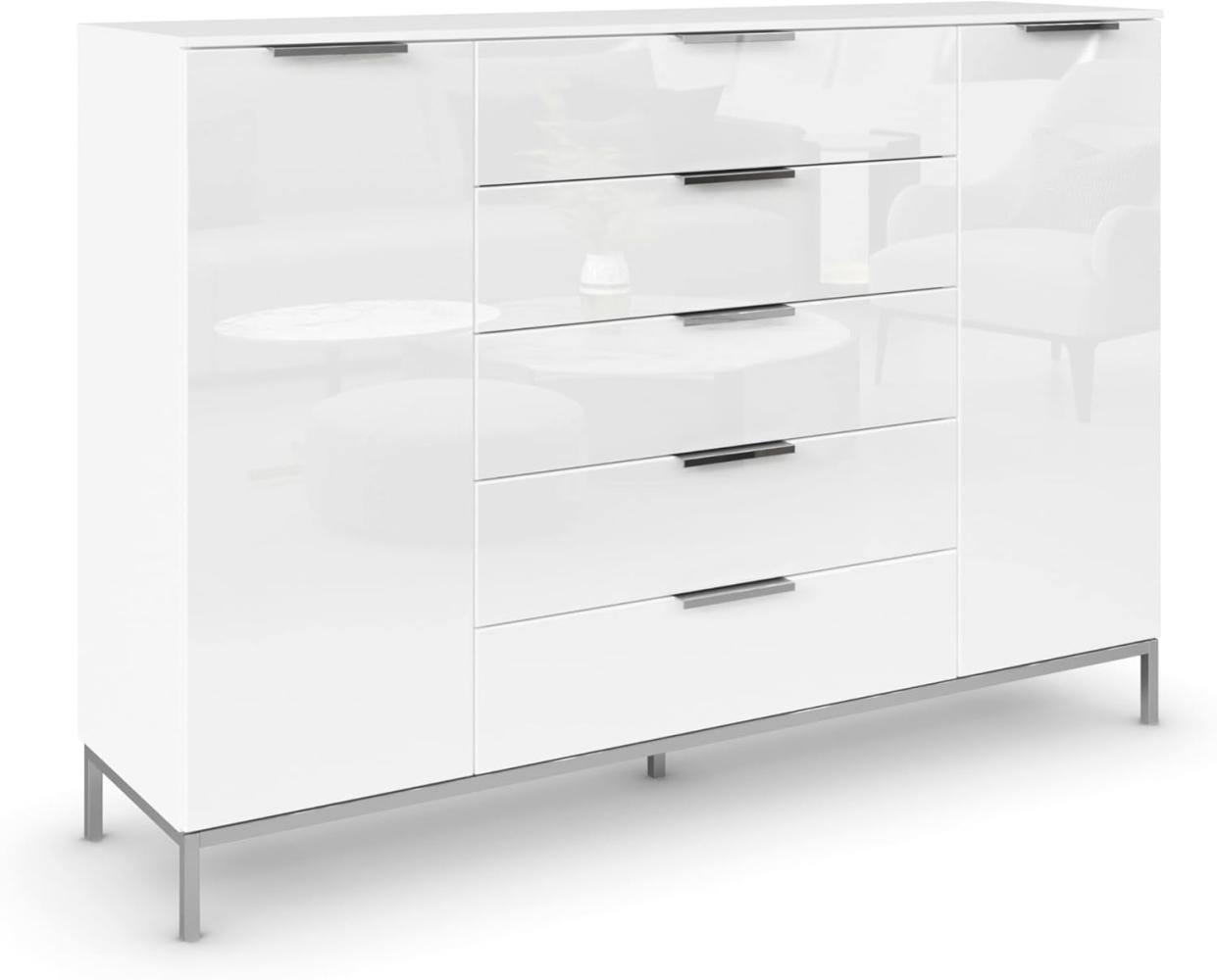 Rauch Möbel Flipp, Kommode mit Stauraum für Wohnzimmer, Schlafzimmer, 4 Fachböden, mit Metallkufe chrom,Alpinweiß/Glasfront Weiß, 2-türig,Glastüren,5 Schubkästen,Griffe chrom, 160x111x42cm Bild 1