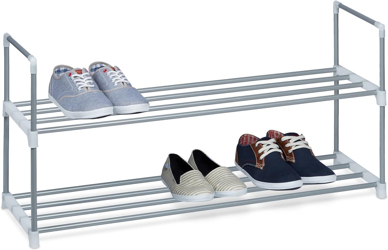 Relaxdays Schuhregal Stecksystem, 2 Ebenen, für 8 Paar Schuhe, HxBxT: 45 x 90 x 31 cm, Schuhständer Metall, silber/weiß Bild 1