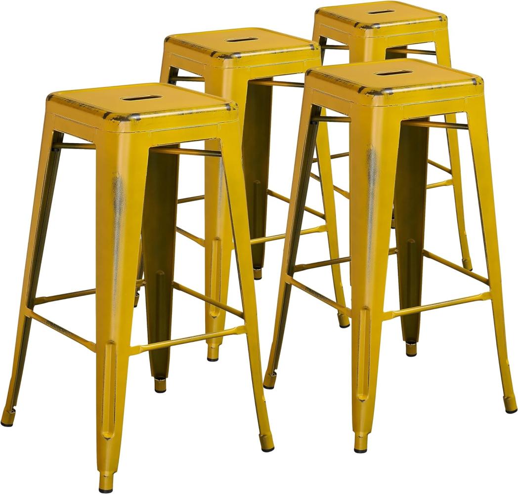 Flash Furniture Barhocker aus Metall, 76,2 cm hoch, rückenfrei, Used-Look, 4 Stück, Kunststoff, Eisen, Distressed Yellow, 4er-Packung Bild 1