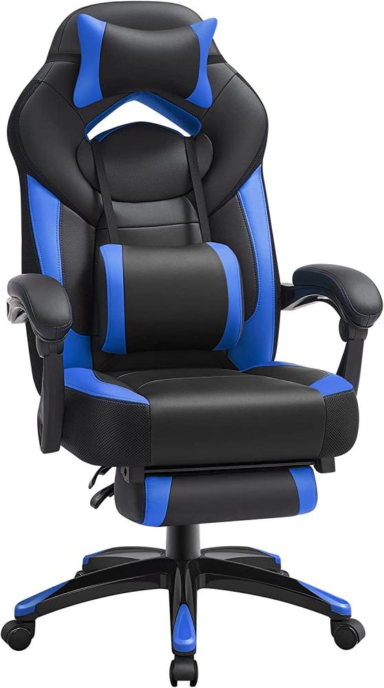 SONGMICS Gaming Stuhl, Bürostuhl mit Fußstütze, Schreibtischstuhl, ergonomisches Design, verstellbare Kopfstütze, Lendenstütze, bis zu 150 kg belastbar, schwarz-blau OBG77BU Bild 1