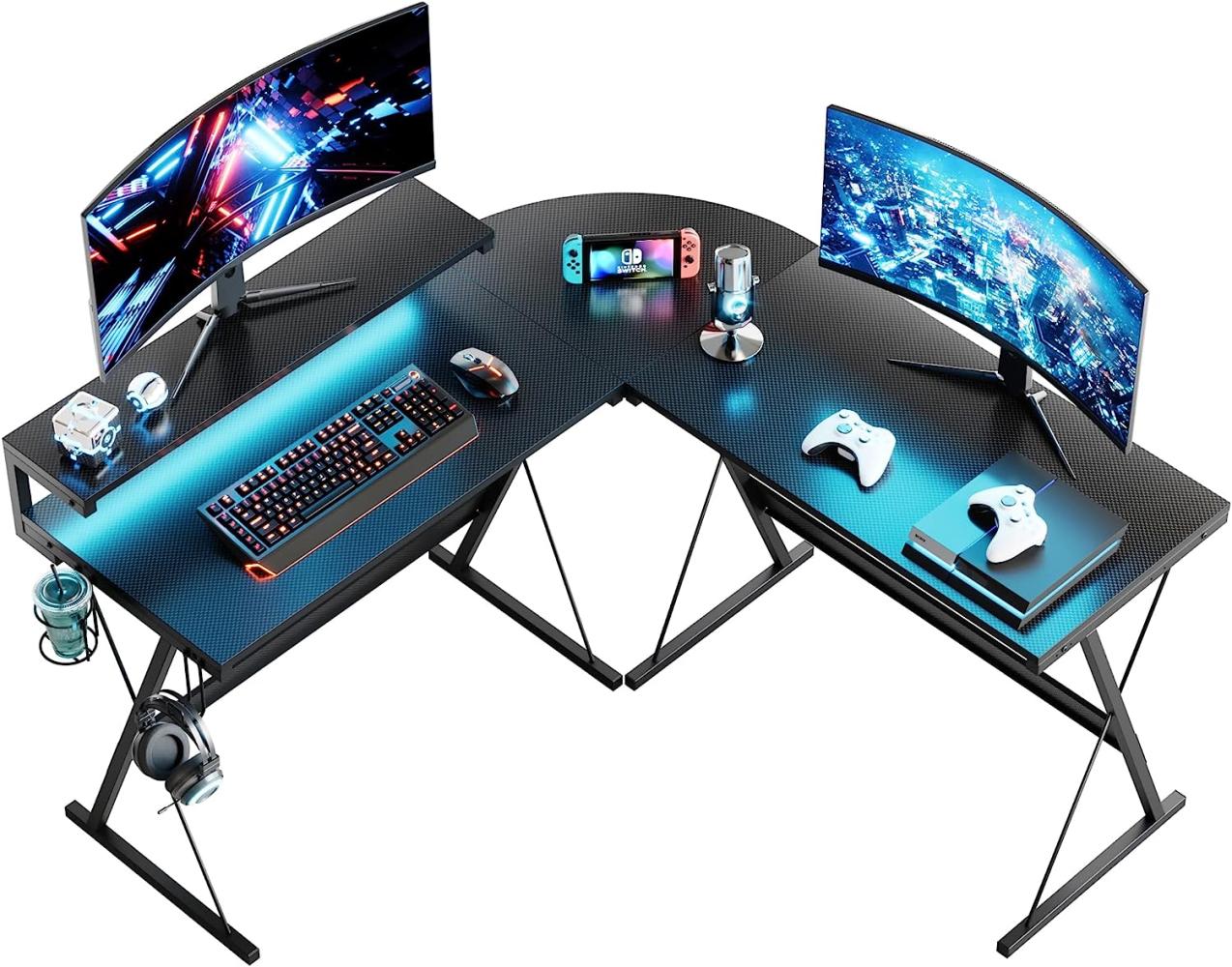 Bestier L-förmiger Gaming-Schreibtisch 140 cm Computertisch mit LED-Lichtern, Eckschreibtisch mit Getränkehalter und Kopfhörerhaken, moderner Arbeitsplatz, ergonomisch für Zuhause und Büro Bild 1
