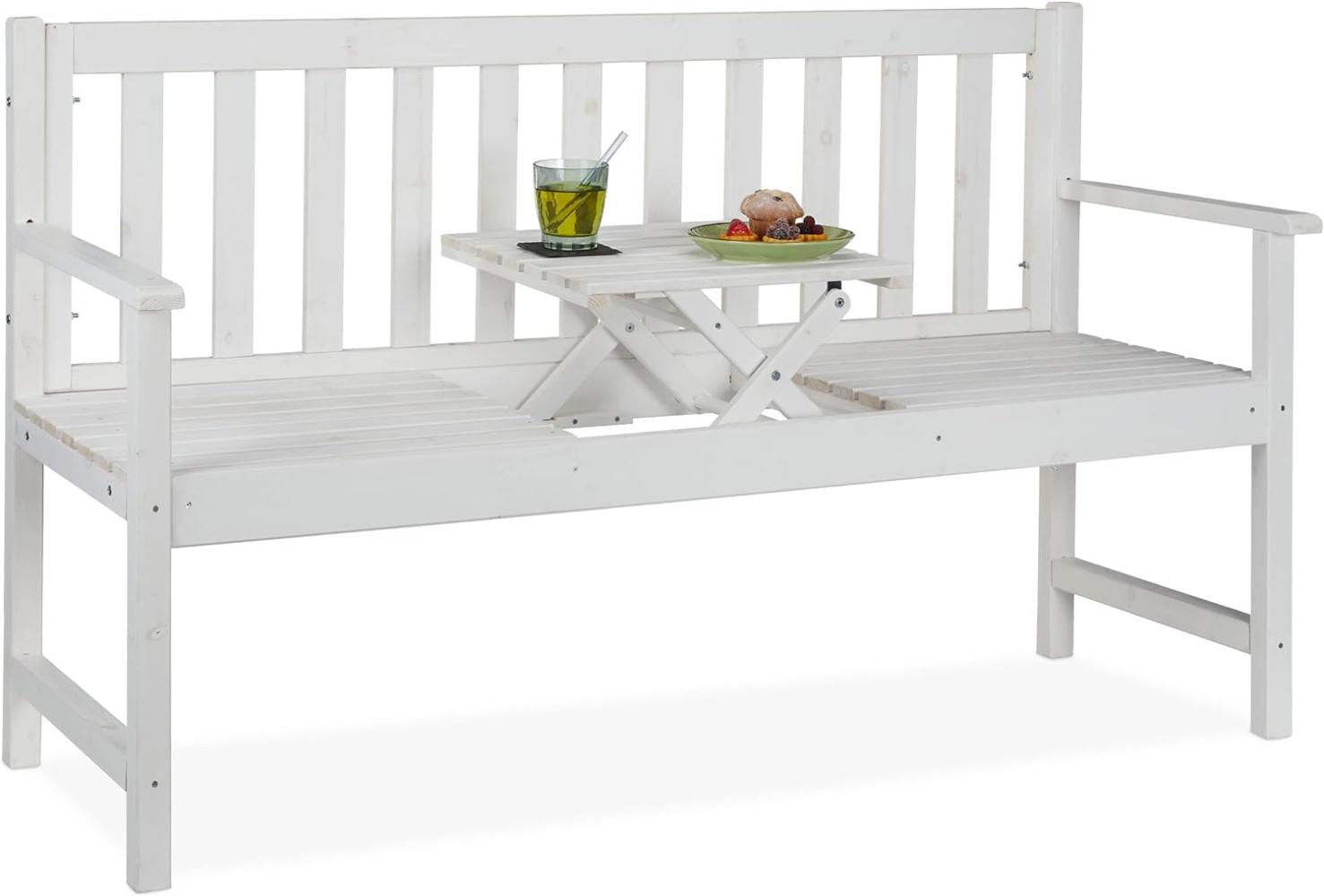 Relaxdays Gartenbank mit integriertem Tisch, 3 Sitzer, robuste Holz Sitzbank, Garten & Balkon, HBT: 90x152x56 cm, weiß Bild 1