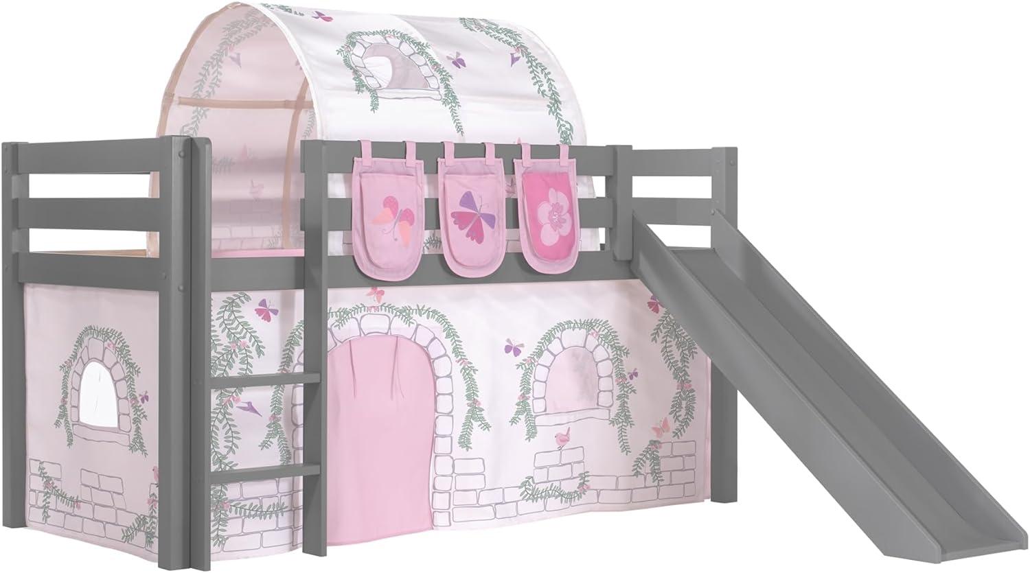 Vipack Spielbett 'Pino' inkl. Rutsche grau, mit Textilset Vorhang, Tunnel und 3 Taschen 'Birdy' Bild 1
