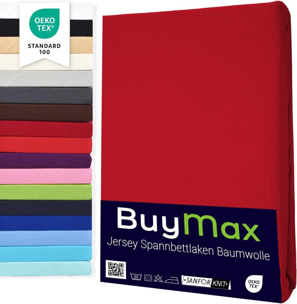 Buymax Spannbettlaken 100x200cm Doppelpack 100% Baumwolle Spannbetttuch Bettlaken Jersey, Matratzenhöhe bis 25 cm, Farbe Rot Bild 1