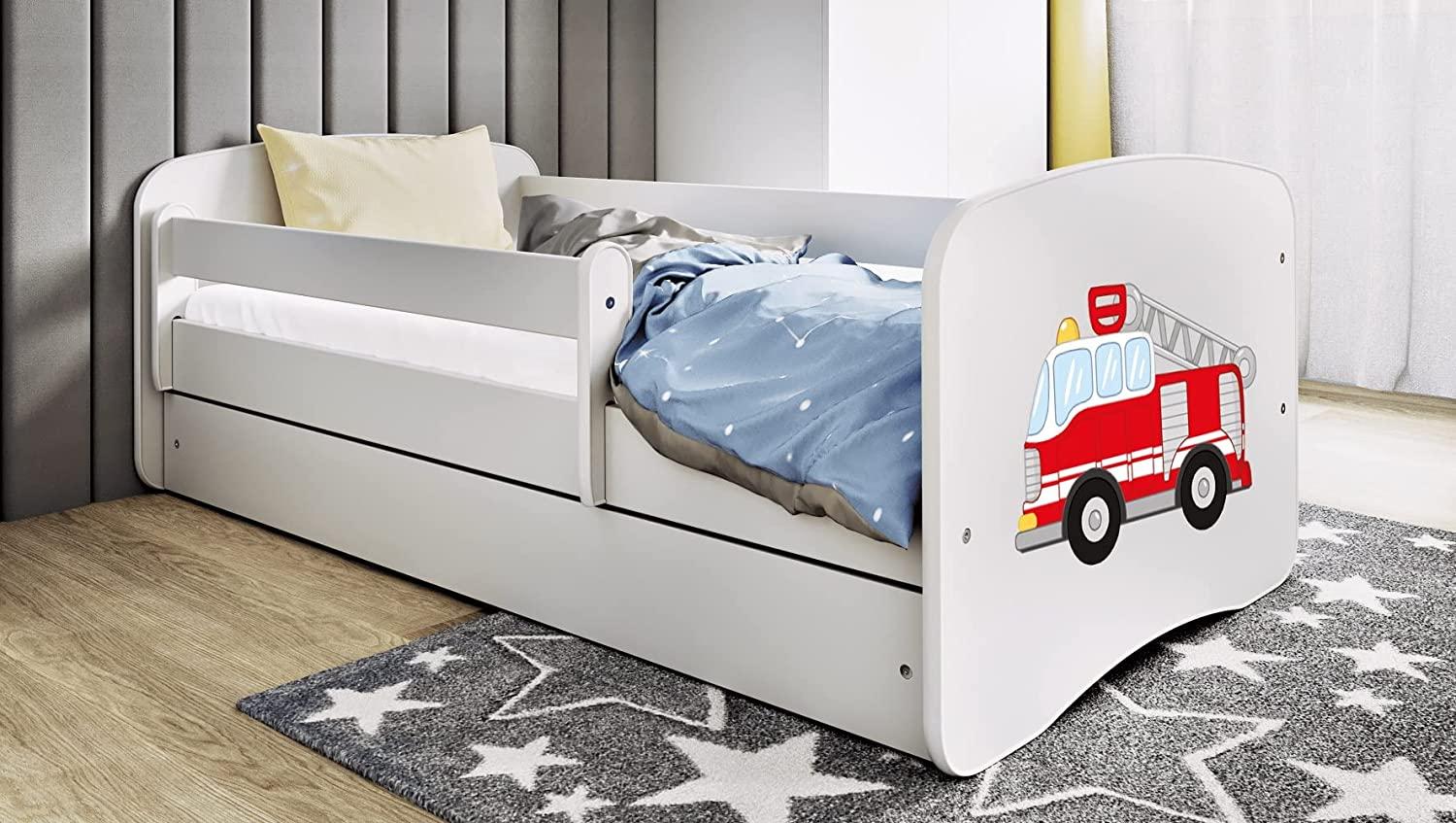 Kinderbett 160x80 mit Rausfallschutz, Lattenrost & Schublade in weiß 80 x 160 Jungen Bett Feuerwehr Bild 1