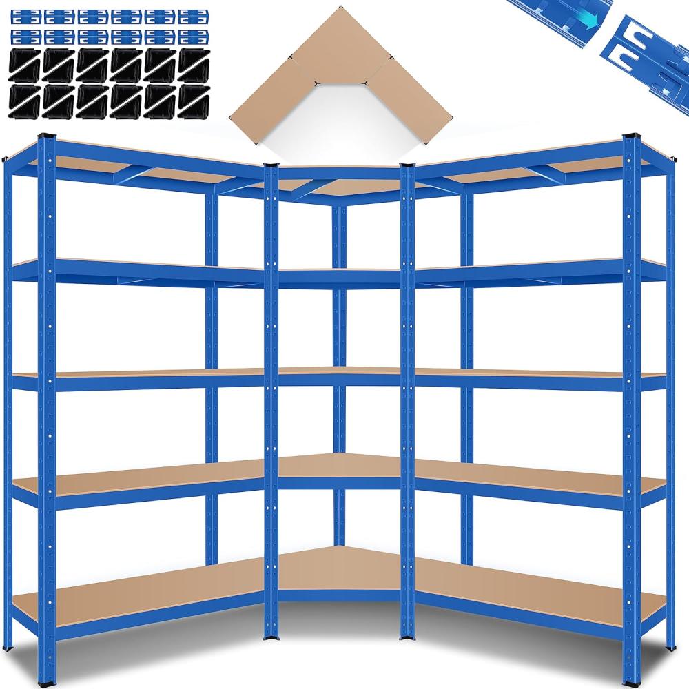 MASKO® 3er Set Metall Regalsystem Lagerregal 1 Eckregal & 2 Lagerregale 15 Böden MDF-Platten Regal 2625 kg Werkstattregal Kellerrregal Garage Schwerlastregal Steckregal MDF-Platten Blau Bild 1