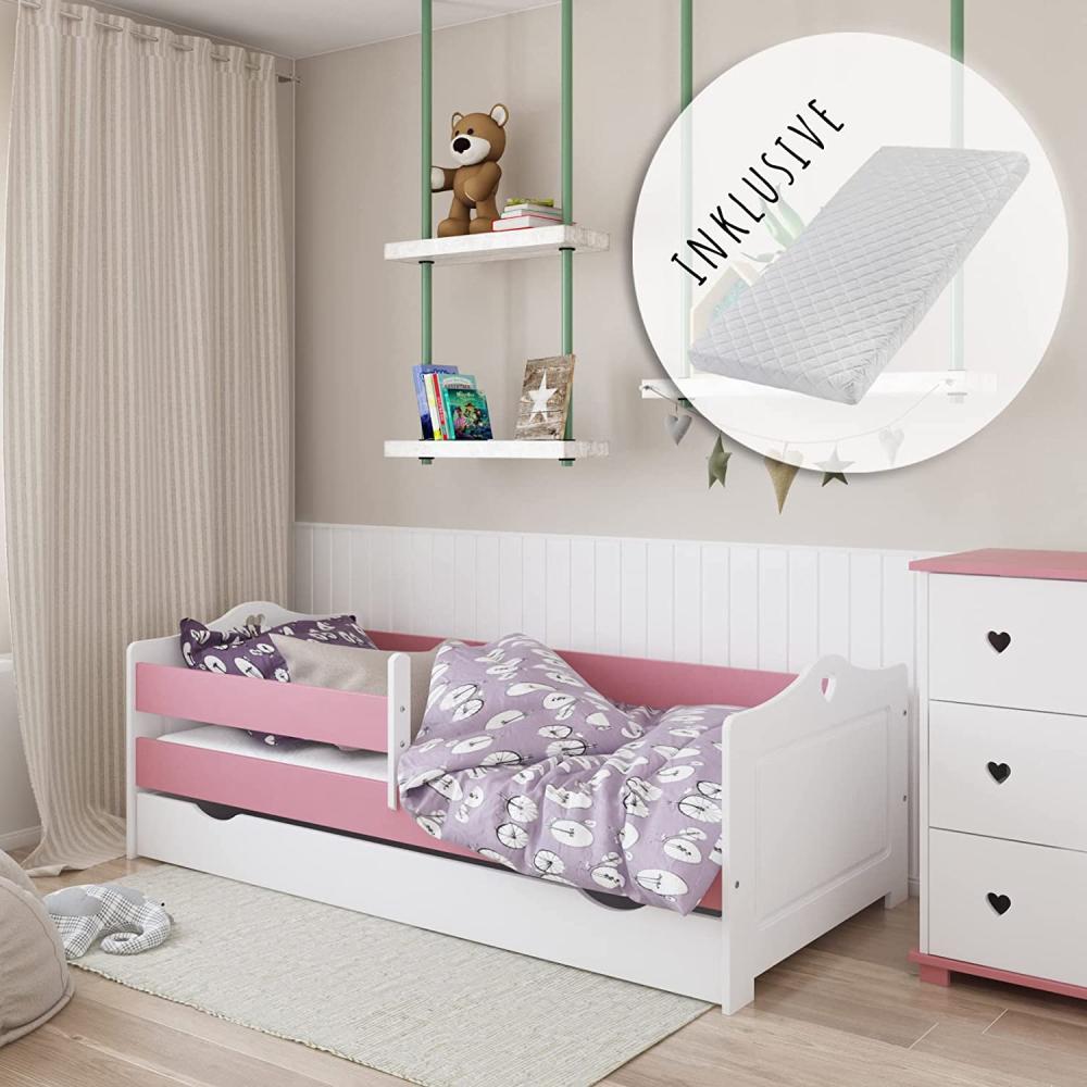 Kinderbett 160x80 Voll-Holz mit Matratze, Rausfallschutz, Schublade & Lattenrost in weiß 80 x 160 Mädchen Bett Skandi Herz Bild 1