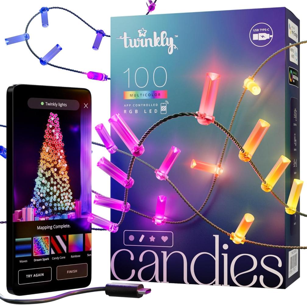 Twinkly Strings Candle 100 LED, LED-Lichterkette in Kerzenform, RGB LED-Lichter Mehrfarbig, Kompatibel mit Alexa & Google Home, Gaming-Lichter, Stromversorgung über USB-C, Grünes Kabel, 6m Bild 1