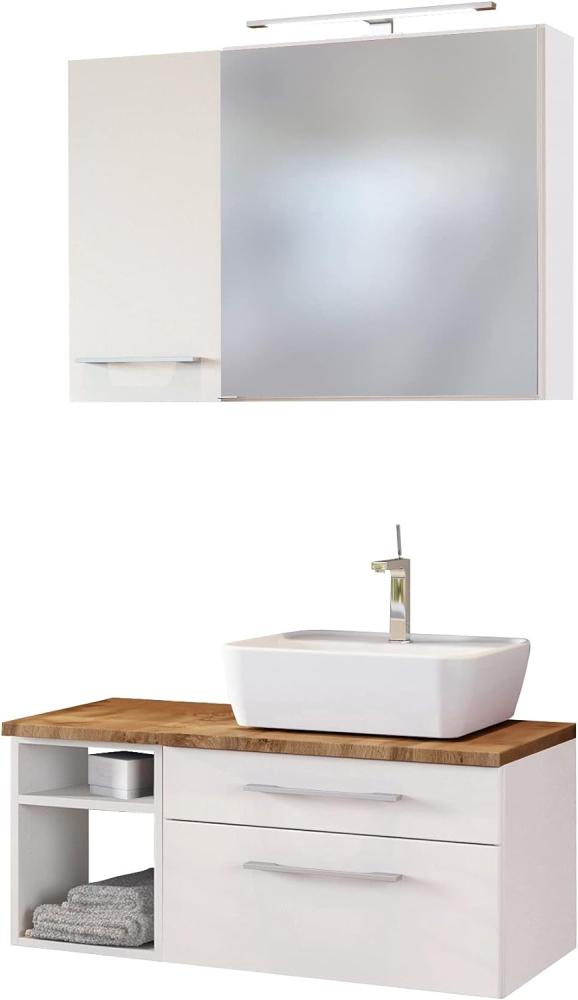 Bad-Set 4-tlg. 'Davos' Weiß, mit Aufbauleuchte, Hängeschrank und Unterschrank mit Fächern, Waschbecken rechts Bild 1