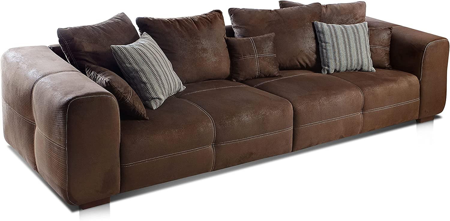 Cavadore Big Sofa Mavericco / Große Polster Couch mit Mikrofaser-Bezug in antiker Lederoptik / Inklusive Rückenkissen und Zierkissen in braun / Maße: 287 x 69 x 108 cm (BxHxT) / Farbe: Antik Braun Bild 1