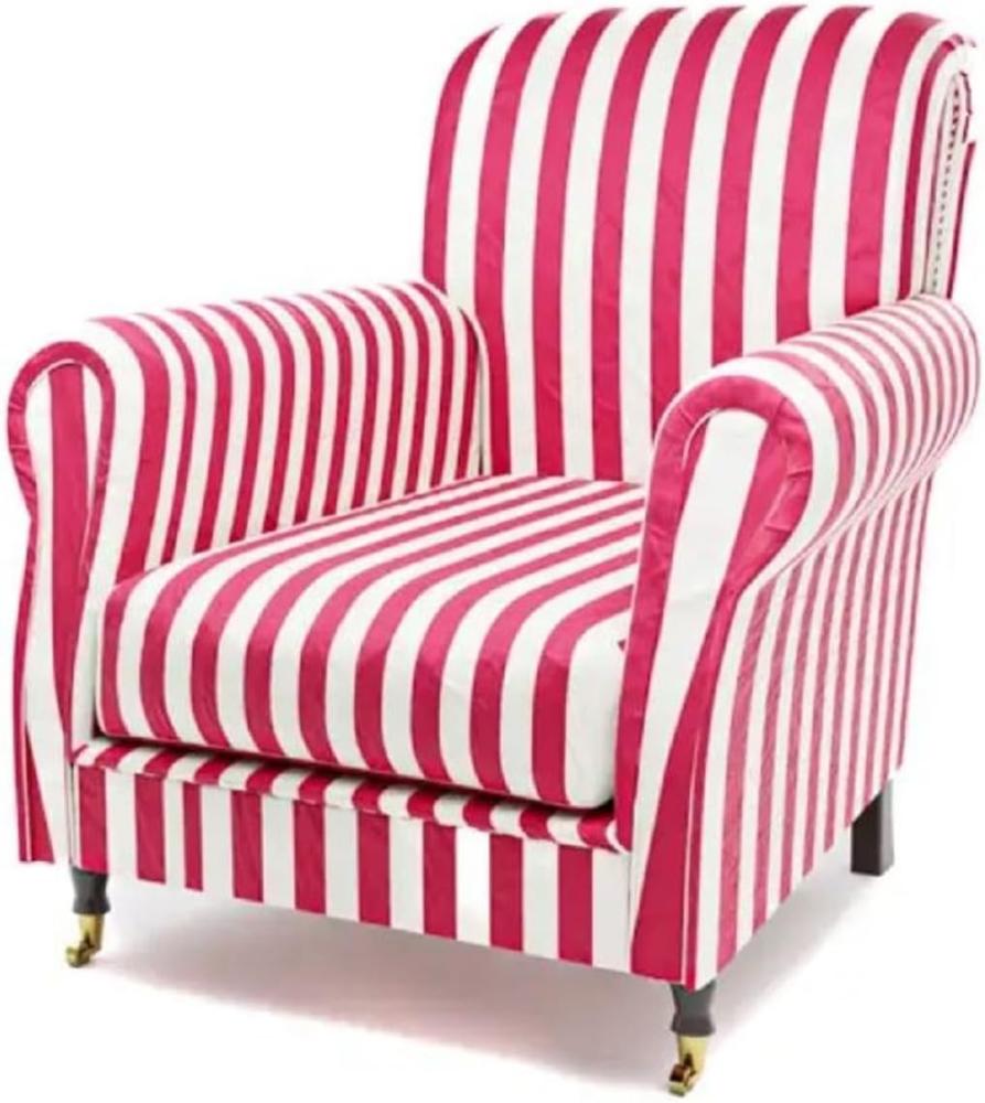 Casa Padrino Luxus Samt Sessel mit Streifen Rot / Weiß / Schwarz / Messing 82 x 91 x H. 94 cm - Wohnzimmer Sessel - Hotel Sessel - Wohnzimmer Möbel - Hotel Möbel - Luxus Möbel - Luxus Einrichtung Bild 1