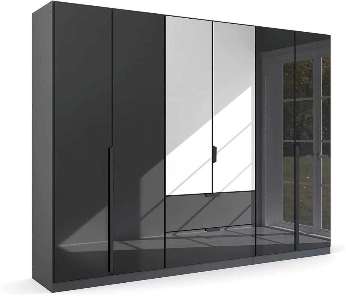 Kleiderschrank Drehtürenschrank Modern | 6-türig | mit Spiegeltüren & Schubkästen | grau metallic / Glas basalt | 271x210 Bild 1