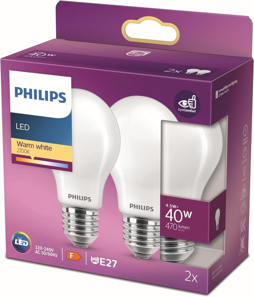 Philips LED-Lampe Classic Standard 4,5W/827 (40W) Frosted 2-pack E27 Bild 1