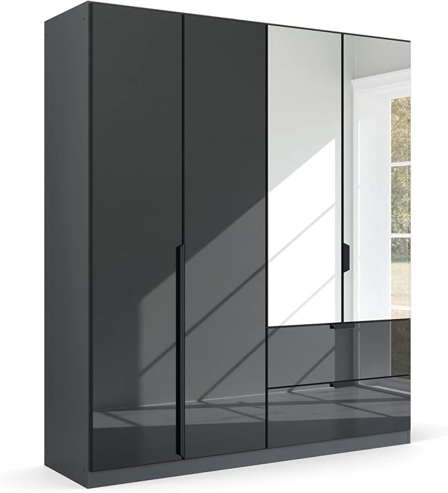 Kleiderschrank Drehtürenschrank Modern | 4-türig | mit Spiegeltüren & Schubkästen | grau metallic / Glas basalt | 181x210 Bild 1