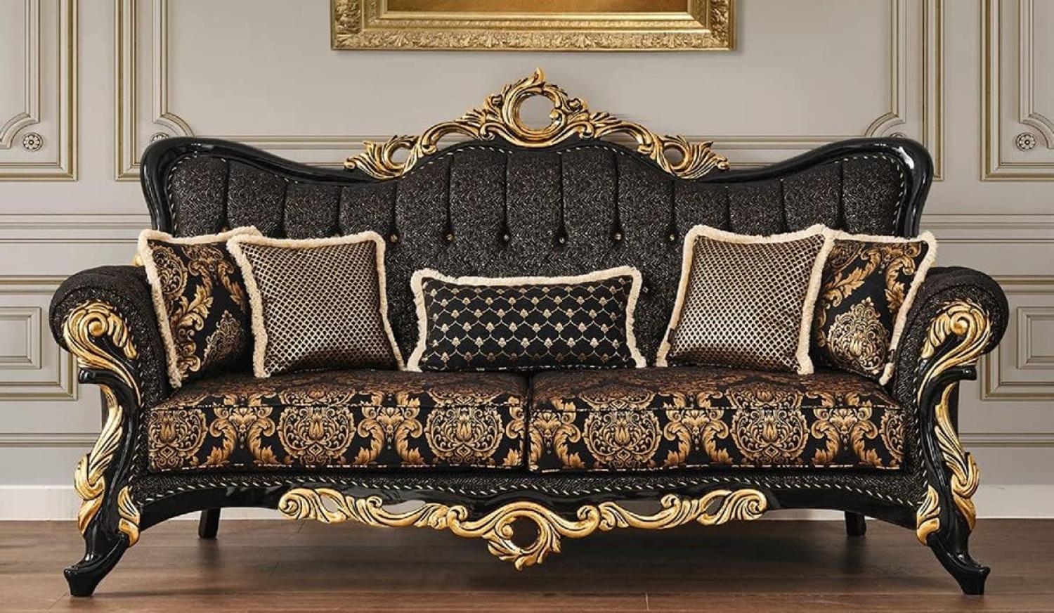 Casa Padrino Luxus Barock Sofa Schwarz / Gold 230 x 80 x H. 126 cm - Prunkvolles Wohnzimmer Sofa mit elegantem Muster und dekorativen Kissen - Barock Wohnzimmer Möbel Bild 1