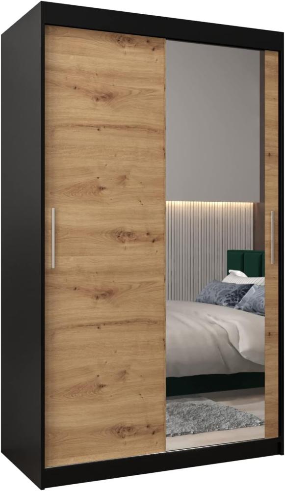 Kryspol Schwebetürenschrank Tokyo 2-120 cm mit Spiegel Kleiderschrank mit Kleiderstange und Einlegeboden Schlafzimmer- Wohnzimmerschrank Schiebetüren Modern Design (Schwarz + Artisan Eiche) Bild 1