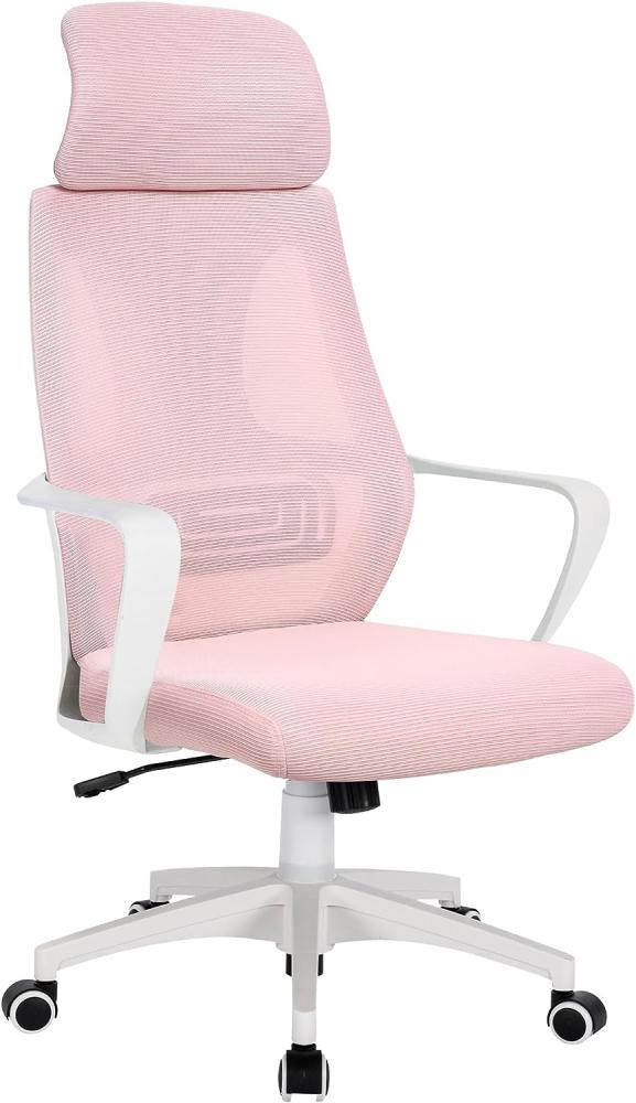 Bürostuhl mit Lordosenstütze im Netzstoff-Design Schreibtischstuhl mit Wippfunktion ergonomischer Drehstuhl mit einer verstellbaren atmungsaktiven Rückenlehne Weiß/Rosa Bild 1