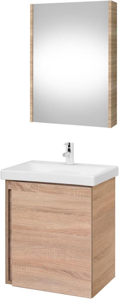 Planetmöbel Waschbeckenunterschrank mit Keramikwaschbecken & Spiegelschrank 50cm in Sonoma Eiche, modernes Badmöbel Set für Badezimmer WC Bild 1