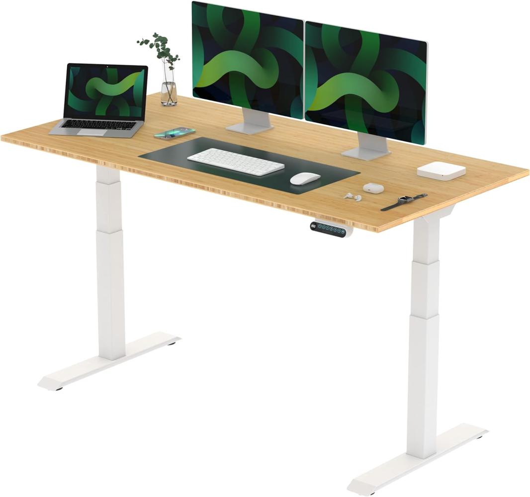 Flexispot E6 Elektrisch höhenverstellbarer Schreibtisch | Ergonomischer Steh-Sitz Tisch mit Memory Funktion | Beugt Rückenschmerzen vor & Macht produktiver (Bamboo, Gestell Weiß, 160x80 cm) Bild 1