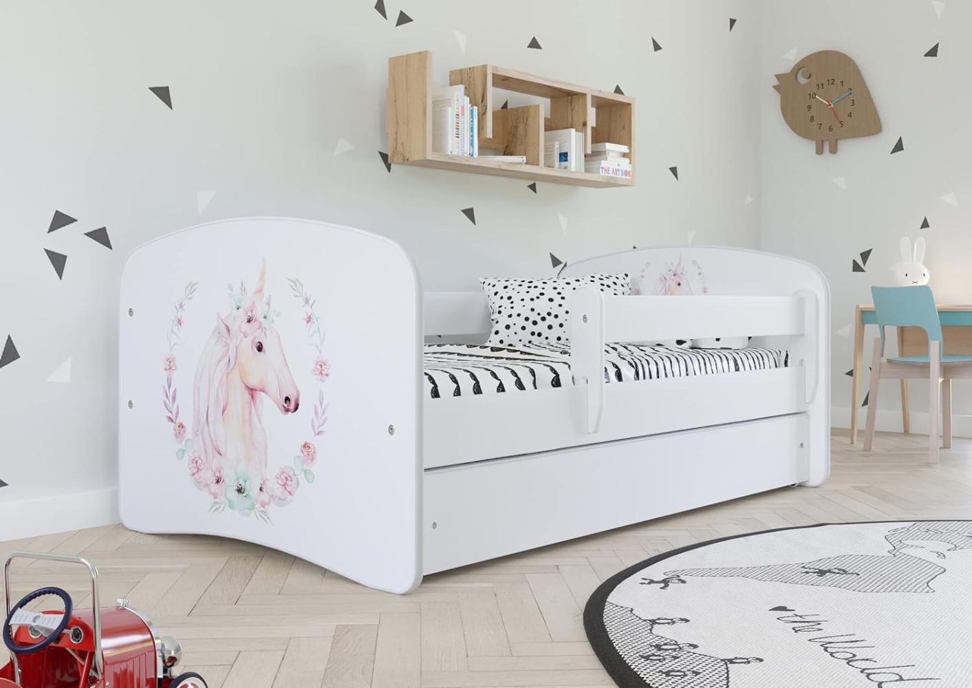 Kinderbett Jugendbett Weiß mit Rausfallschutz Schublade und Lattenrost Kinderbetten für Mädchen und Junge - Einhorn 80 x 180 cm Bild 1